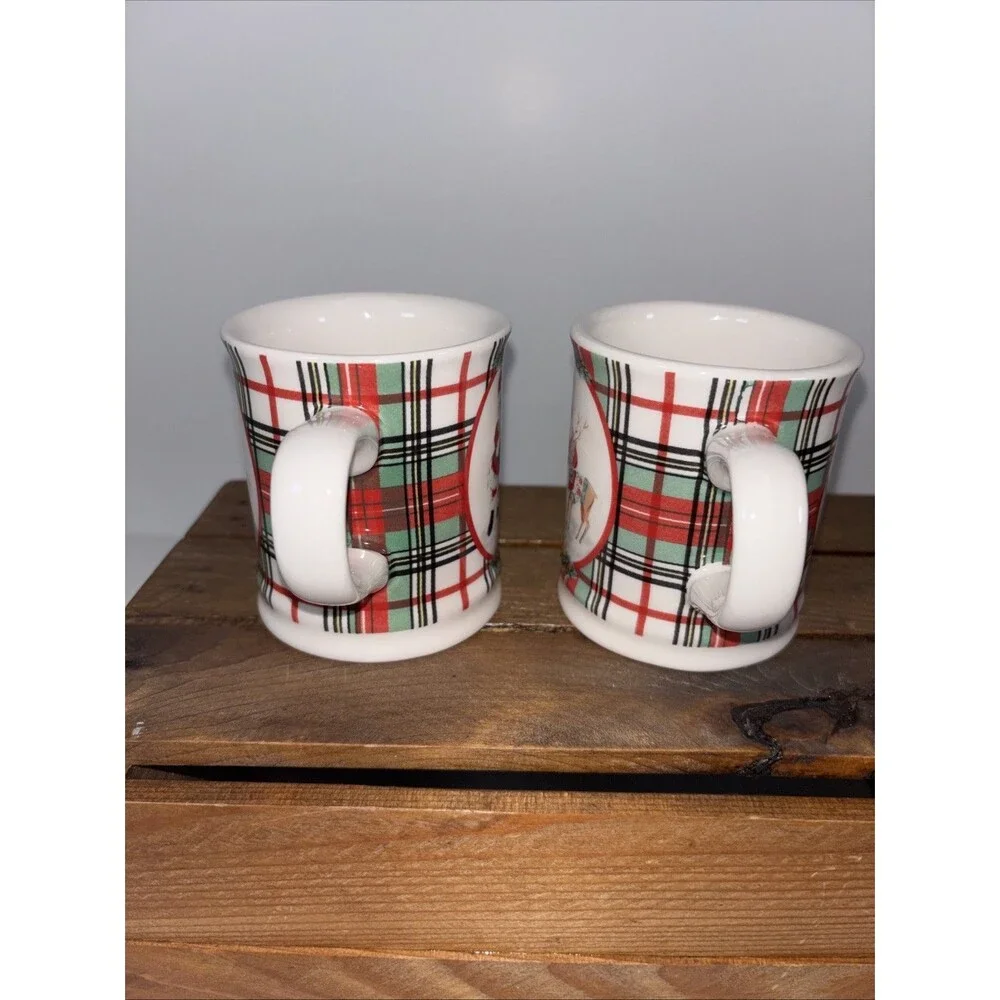 Sur La Table Santa Reindeer Green & Red Plaid Christmas 5 oz Mini Mugs Set of 2